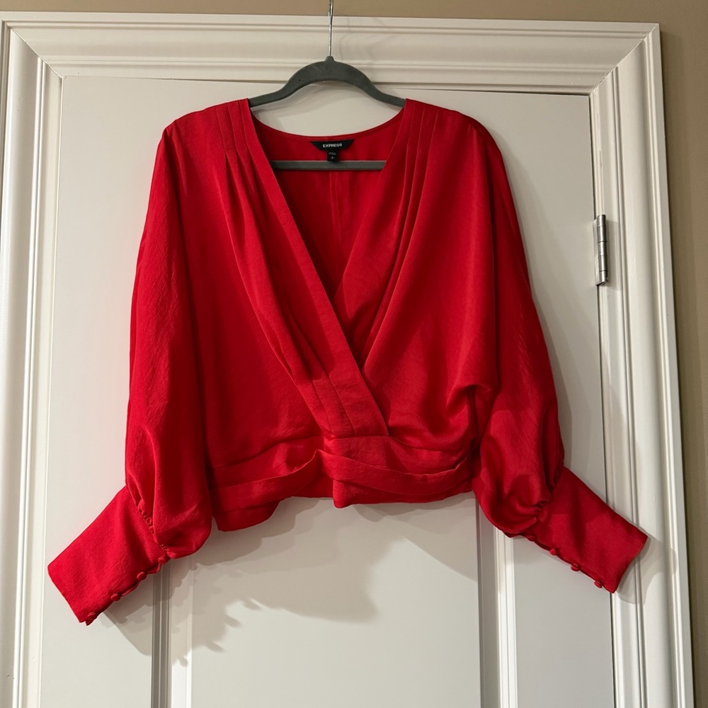 Express pleated surplice blouse with button cuff sleeves